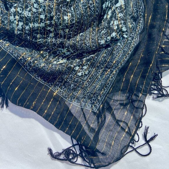 Black and Silver with Gold Metallic Pinstripe Scarf with Fringe - Picture 3 of 7